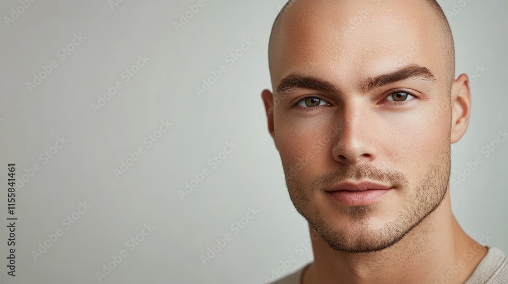 Poster close up portrait of a confident bald man with neutral background and ample empty space for text or 