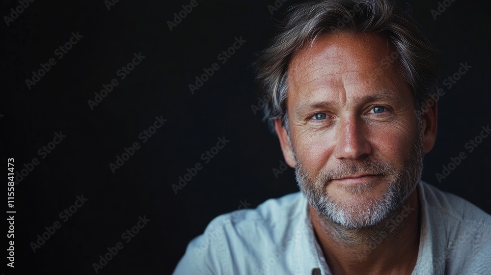 Poster close up portrait of a charming middle aged man with a thoughtful expression and neutral background 