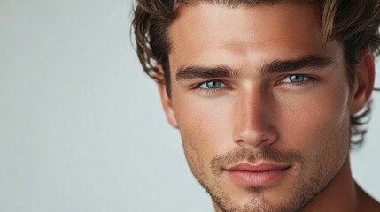 Fototapeta premium Attractive male fashion model portrait with empty space for text showcasing confidence and style in a neutral background setting