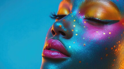 Vibrant alien-themed portrait showcasing colorful makeup with cosmic elements and ample space for text overlays in a striking blue background.