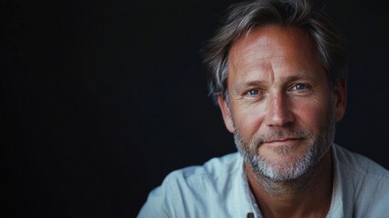 Fototapeta premium Close up portrait of a charming middle aged man with a thoughtful expression and neutral background for text placement and design use