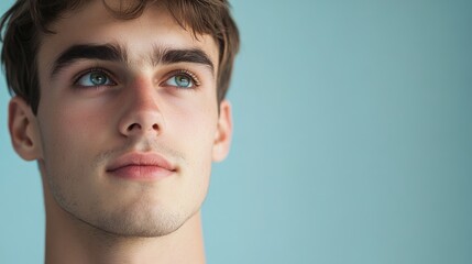 Fototapeta premium Close up portrait of thoughtful young man with neutral expression and pastel background ideal for text or branding placement