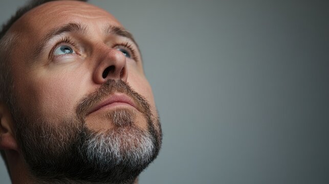 Portrait of a thoughtful adult man looking upward with a neutral background ideal for adding custom text or messages.