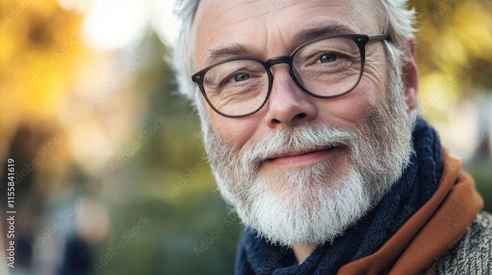 Poster close up portrait of a smiling older man with glasses and a beard in nature with empty copy space fo
