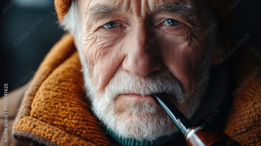 Poster elderly man with a pipe in close-up portrait showcasing deep wrinkles and thoughtful expression with