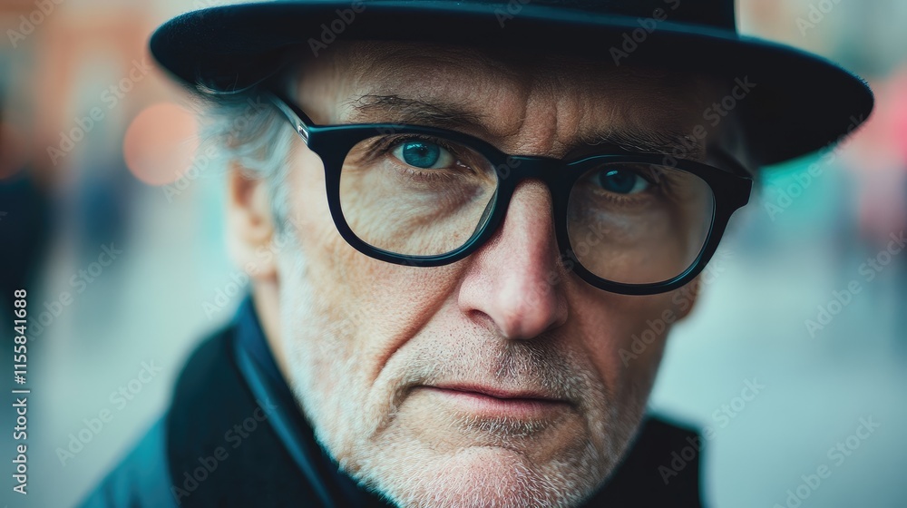 Poster close up portrait of an older man with glasses and a hat on the street with blurred background and a