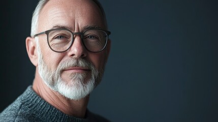 Obraz premium Close up portrait of a wise older man with beard and glasses against a dark background ideal for text placement or personal branding