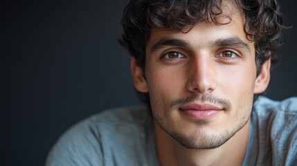 Fototapeta premium Close up portrait of a young man with curly hair and warm expression against a dark background for text overlay and marketing use