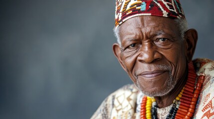 Obraz premium Elderly Black gentleman from Yoruba tribe showcasing rich cultural heritage with space for text in a close-up portrait.