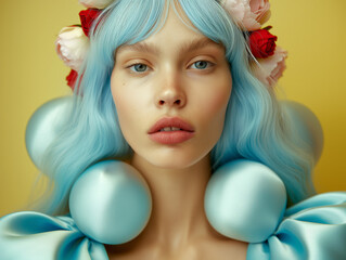 An elegant close-up of a model with blue waves of hair, paired with delicate peony blooms and a soft yellow backdrop. A dreamy fashion aesthetic merging vibrant colors and timeless beauty.