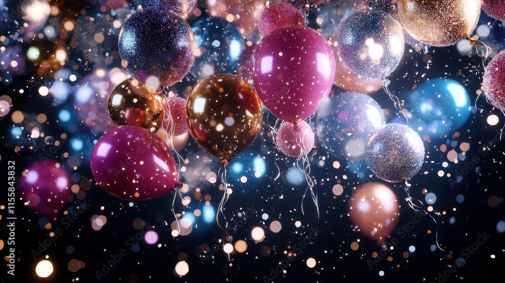 Aufkleber stunning view of bright balloons floating in a dense atmosphere with sparkling lights and colorful g