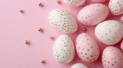 Obraz premium colorful Easter eggs decorated confetti on a pink background. Bunny ears and festive. top view