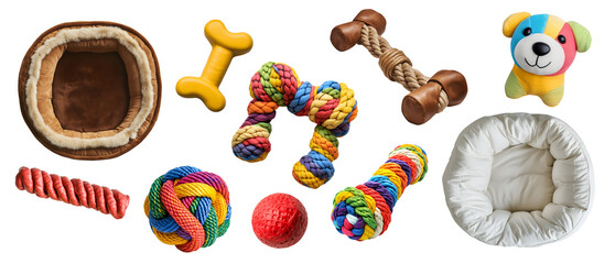 Collection set of fluffy pet bed and individual toys accessories for animal cat, dog on transparent cutout PNG. Many different chew play ball teething toy. Mockup template for design