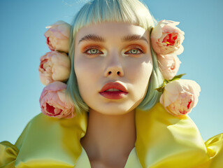 Naklejka premium Fashion-forward image of a model with pastel green hair and peony flowers. A bright and vibrant composition blending nature and modern style.