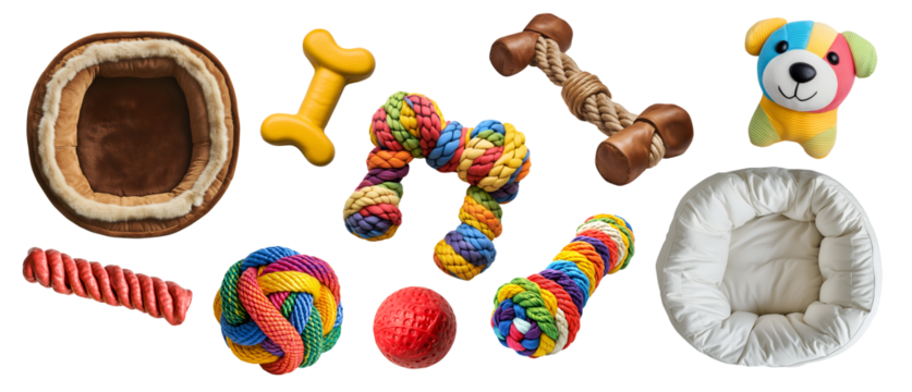Collection set of fluffy pet bed and individual toys accessories for animal cat, dog on transparent cutout PNG. Many different chew play ball teething toy. Mockup template for design