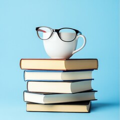 Stack of books with coffee cup and glasses.