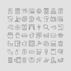 Vector Icons Representing Household and Cleaning Items Including Washer, Fridge, Bathroom, and More