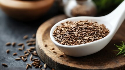 Cumin seeds or caraway in white spoon on wooden board. culinary ingredients