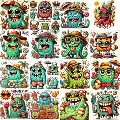 Fototapeta premium Cartoon spring monsters. AI generated illustration