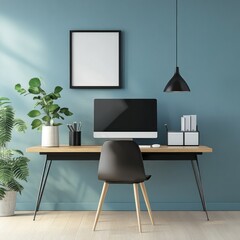 Modern home office workspace with computer, desk, chair, and plants.