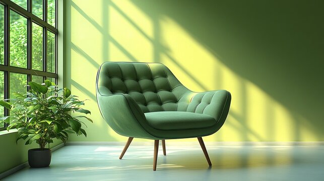 Modern green armchair in a sunlit room with large windows and plants.