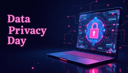 Dynamic Data Privacy Day banner showcasing a vibrant pink and blue design with a lock symbol on a laptop, highlighting the relevance of data protection.