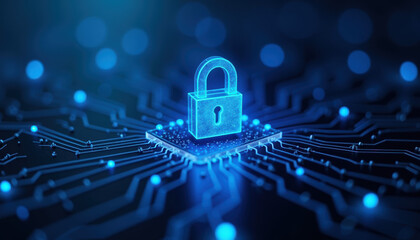 Striking Data Privacy Day banner showcasing a dark blue background with a prominent digital lock, highlighting the importance of cybersecurity and data protection.