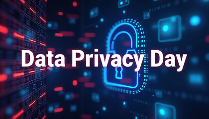 Striking Data Privacy Day banner featuring a gradient blue background with an abstract design and a lock icon, highlighting the importance of cybersecurity and data protection.