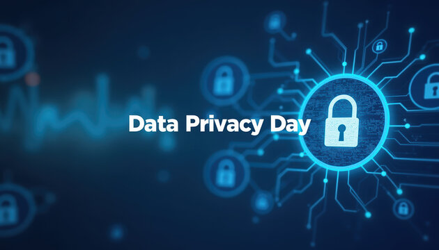 Engaging banner for Data Privacy Day featuring messages on cybersecurity awareness against a blue backdrop.