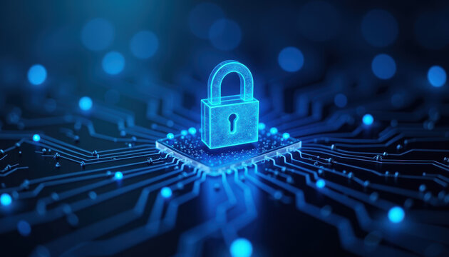 Striking Data Privacy Day banner showcasing a dark blue background with a prominent digital lock, highlighting the importance of cybersecurity and data protection.