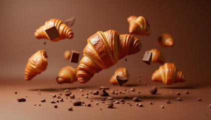A captivating image of airborne croissants combined with chocolate chunks, capturing the essence of culinary artistry on a soft brown background.