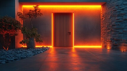 Modern home entrance with warm orange lighting. Exterior design