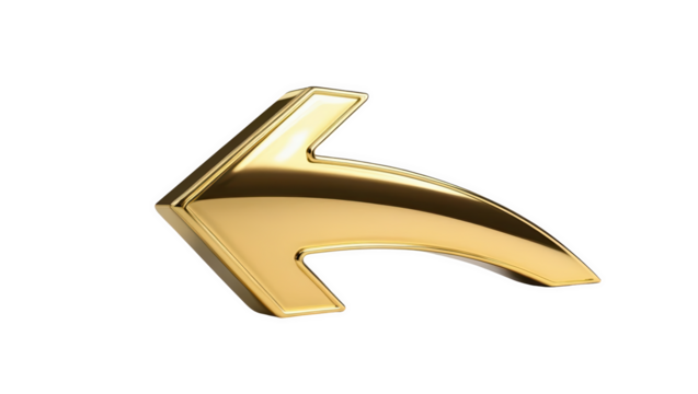 shiny golden arrow pointing to left, isolated on transparent background, with sleek and modern 3D illustration design.