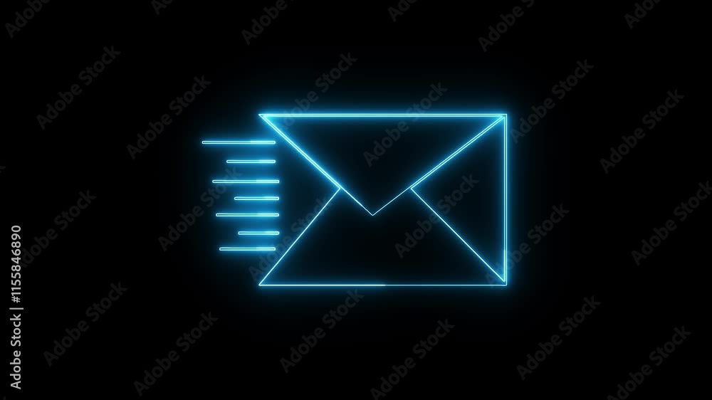Poster glowing neon blue message box animation icon for conversation and notifications on a black backgroun