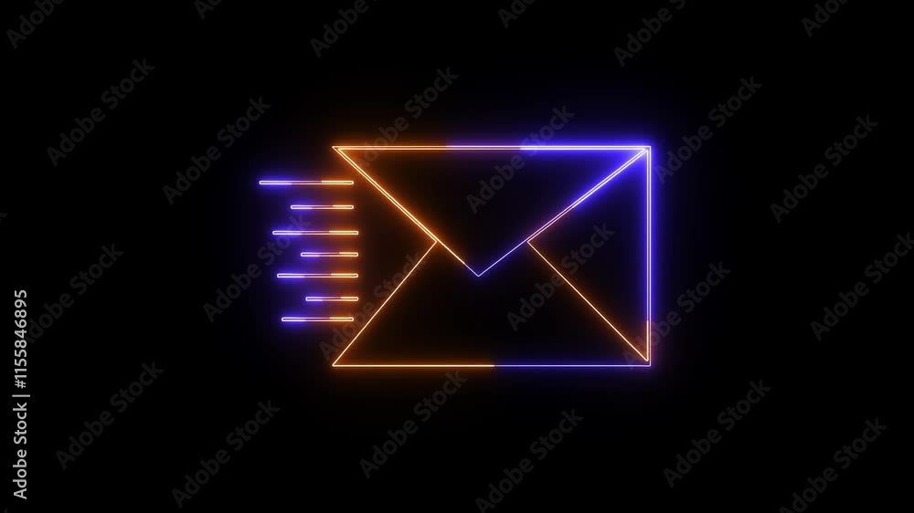 Poster neon glowing mail envelope animation icon for inbox and message passing on black background.