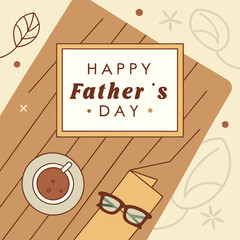 A warm, rustic scene featuring a cozy wooden table with coffee, a Father’s Day card, and glasses, perfect for celebrating dads.