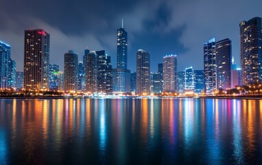 Naklejka premium A vibrant city skyline at night reflecting in water, showcasing urban life and architecture.