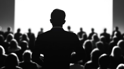 Fototapeta premium man in a business suit in a hall with people on a white screen background