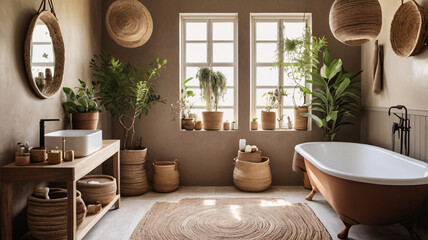 A boho-themed bathroom with geometric patterns, wooden accents, and a cozy vibe.

