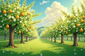 Orchard of pear and orange trees, joyful atmosphere, blooming flowers in sunny landscape, copy space

