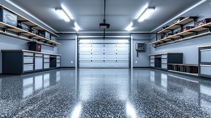 Clean, organized garage interior with epoxy floor.
