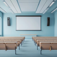 Empty lecture hall with projector screen and seating.