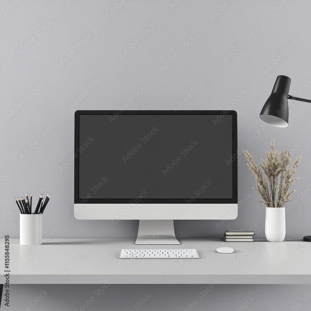 Poster Minimalist workspace with desktop computer, keyboard, mouse, and desk lamp.