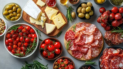 Italian appetizers or antipasto set with gourmet food on black kitchen table background. top view 