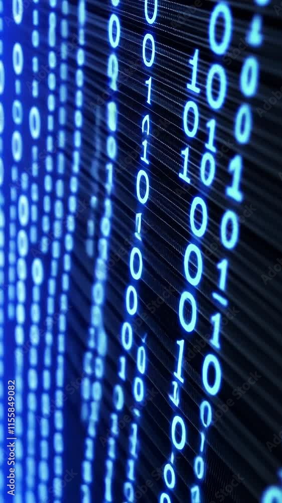 Poster digital binary code cascading down a screen in vibrant blue hues, illustrating data processing in a 