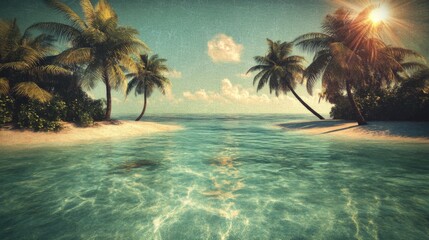 Vintage Seascape with Sunlight Over Tropical Islands