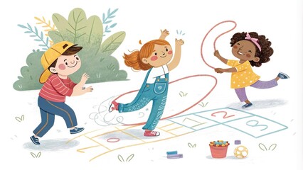 black and white children playing in nature, illustration