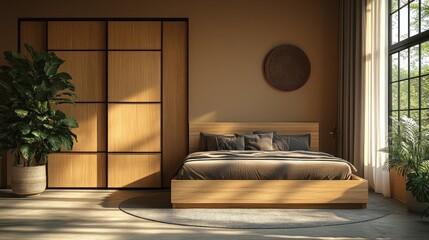Modern minimalist bedroom with wood accents and natural light.