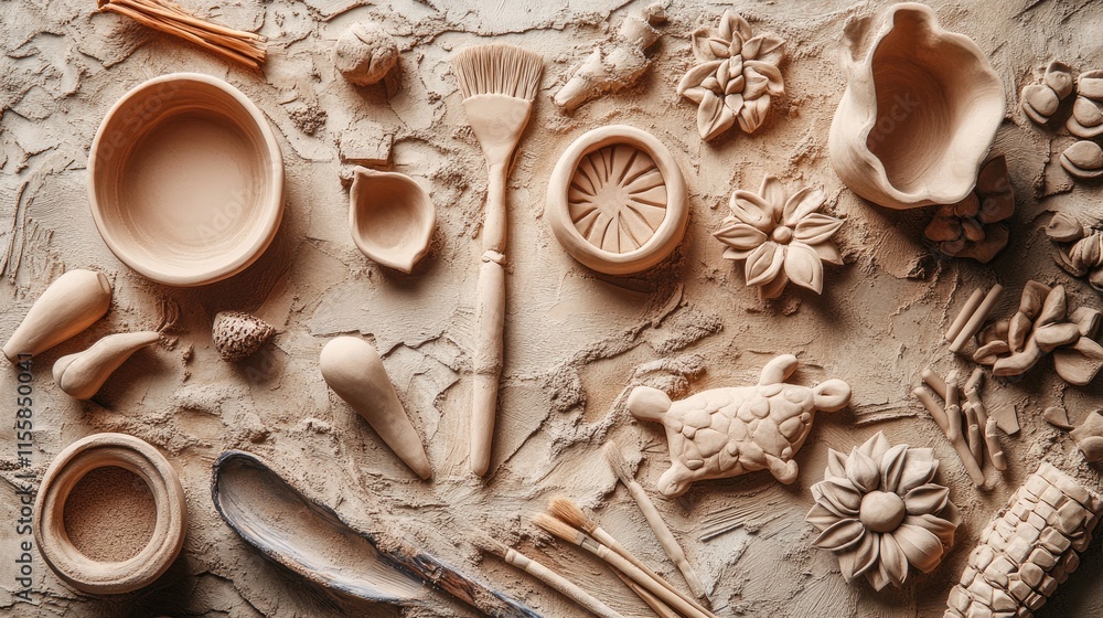 Poster assorted handcrafted clay items arranged on a textured clay surface showcasing intricate designs and