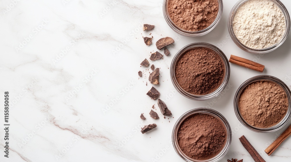 Poster assorted cocoa powders and cinnamon spices in glass jars on a marble countertop for culinary and bak